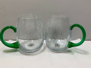 Pier 1 Clear Hand Blown Art Crackle Glass Mugs Cups Green Handle Collectible