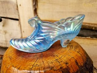 Vintage Fenton Light Blue Carnival Glass Melon Cat Slipper Shoe