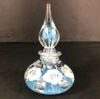 6 1/4” Vintage Charlie Gibson Art Glass Perfume Bottle Blue,  White And Crystal