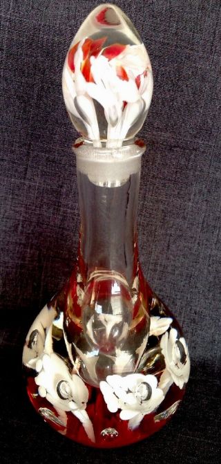 Vintage 8 - 1/4 " Joe St.  Clair Red & White Art Glass Perfume Bottle W/stopper