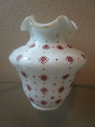 Vintage Charleton Glass Hand Painted Vase White With Red Design Gold Trim 739