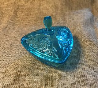 Vintage Hazel Atlas Glass Covered Candy Dish Turquoise Blue 1960 