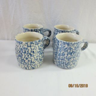 Roseville Ohio Friendship Blue Pottery Spongeware Mug Coffee Cup Set Of 4