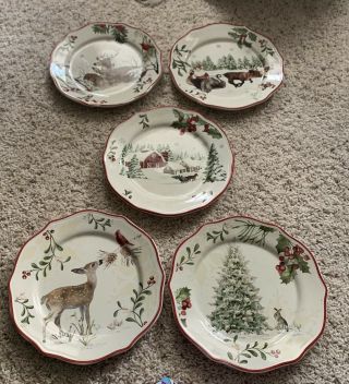 Better Homes & Gardens Winter Forest Salad Plates Barn,  Tree W/ Bunny,  Deer 5 Pc