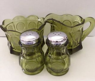 Fostoria Green Coin Glass Sugar Bowl&creamer Set With Salt&pepper Shakers A152