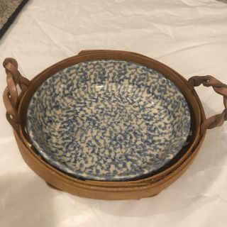 Roseville Pottery Blue Spongeware Dish 9.  5” And Henn Workshops Basket