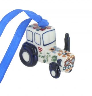 Blue Rose Polish Pottery Red Daisy Tractor Ornament