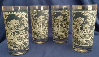 Set Of 4 Currier & Ives Royal China Blue And White Tumbler Glasses 12 Oz