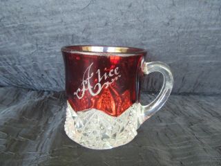 Antique 1903 Small Ruby Flash Souvenir Mug Glass W/ Handle (alice)
