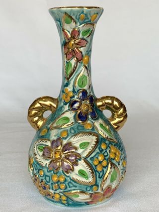 Vintage H.  Bequet Quaregnon Hand Painted Teal Gilt Majolica Vase Belgium 7 1/4”