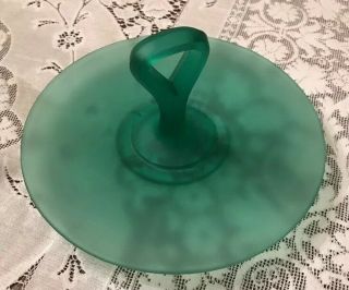 Vtg Emerald Green Depression Glass Frosted Tray Handle Tidbit Sandwich Christmas