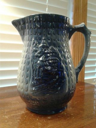 Antique Ca.  1900 Blue & Gray Salt Glazed Stoneware Village Pitcher 7 3/4 " High