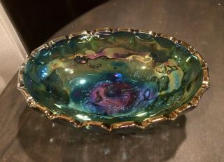 Blue Indiana Carnival Glass Harvest Grapes Leaves Wedding Oval Footed Fruit Bowl