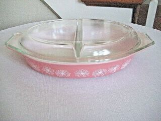 Vintage Pyrex Pink Daisy Divided Casserole Dish - 1.  5 Quart,  With Lid