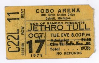 Rare Jethro Tull 10/17/78 Detroit Mi Cobo Arena Ticket Stub