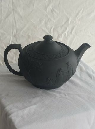 Vintage Wedgwood Black Basalt Jasperware Teapot For Four,
