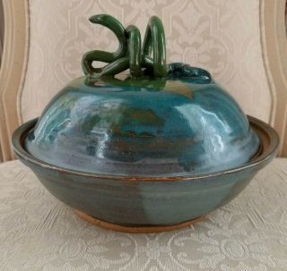 Unique Vintage Studio Pottery Covered Pot Bowl Blue Green Snake Serpent Lid