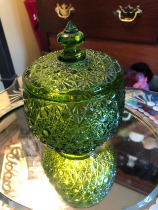L E Smith Daisy & Button Green Covered Candy Dish
