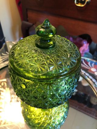 L E Smith Daisy & Button Green COVERED Candy Dish 2