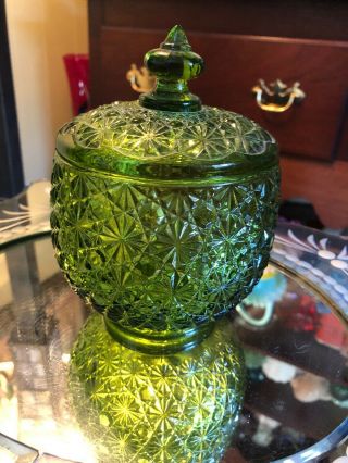 L E Smith Daisy & Button Green COVERED Candy Dish 4