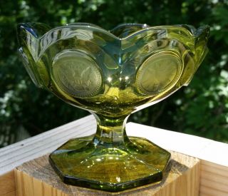 Vintage Fostoria Glass Co Green Coin Jelly Compote Bowl Candy Dish