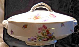 Antique Germany Large Casserole Soup Tureen Floral Roses Gold Schulmann