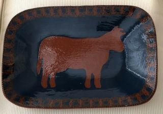 C.  N.  Foltz Pottery Redware Platter Cow Design,  Pie Crust Edge Folk Art 15 " X 10 "