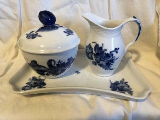Royal Copenhagen Blue Flowers Creamer And Covered Sugar With Tray 4 Pc Set