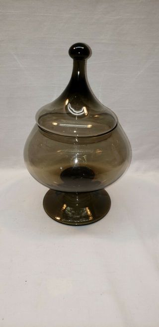 Vtg Mid Century Modern Smoked Glass Covered Candy Dish Genie Bottle Style Viking