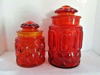 Vintage Set Of 2 Amberina Glass Canisters Moon & Stars L E Smith With Lids