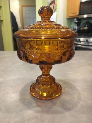 Vintage Indiana Glass Amber Brown Kings Crown Thumbprint Lid Compote Candy Dish
