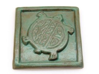 Antique Art & Crafts Style Matte Green Art Pottery Native Turtle Tile 5 " X 5 "
