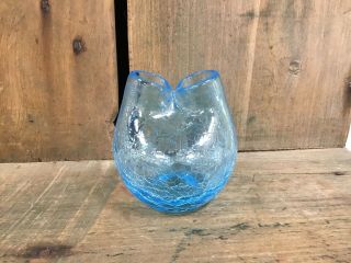 Vintage Blenko Crackle Glass Double Pinched Vase Sky Blue 3 7/16 Inch Tall