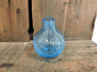 Vintage Blenko Crackle Glass Double Pinched Vase Sky Blue 3 7/16 Inch Tall 2