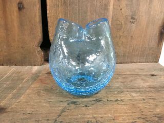 Vintage Blenko Crackle Glass Double Pinched Vase Sky Blue 3 7/16 Inch Tall 3