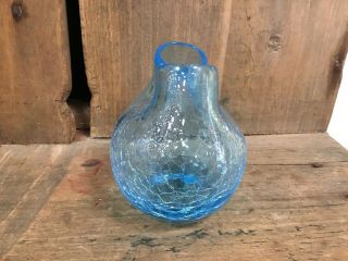 Vintage Blenko Crackle Glass Double Pinched Vase Sky Blue 3 7/16 Inch Tall 4