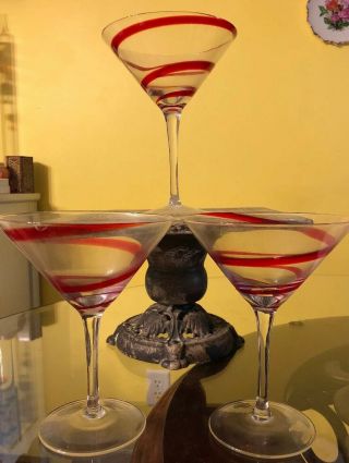 Set Of 3 Pier One 7” Swirline Red Swirl 12 Ounce Wine Martini Cocktail Glasses