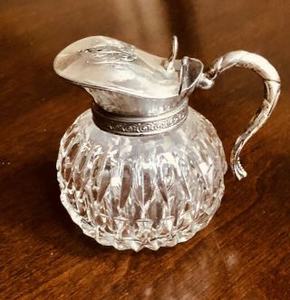 Vintage Diamond Cut Glass Silver Plate Mounted Syrup Pitcher 4”