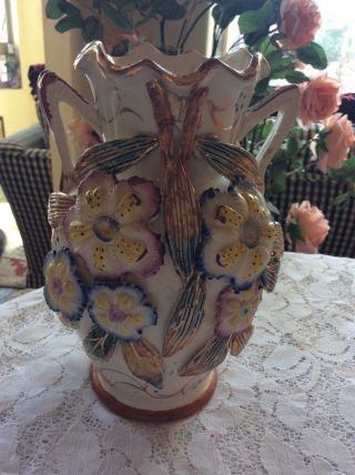 Vtg.  Majolica Art Pottery Two Handle Vase With Applied Flowers Made In England