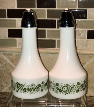 Gemco Milk Glass Oil & Vinegar Cruets Corelle Crazy Daisy Design Green