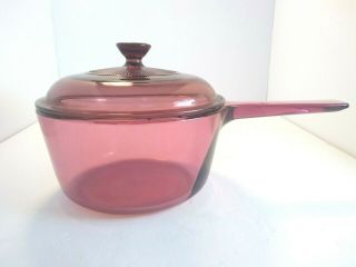 Vtg Corning Vision Cranberry 1 L Glass Sauce Pan With Lid Cookware