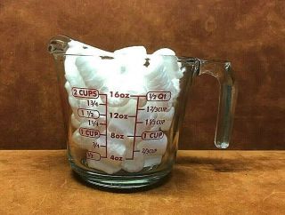 Anchor Hocking 2 Cup/1/2 Quart Glass Measuring Cup 698 Open Handle Red Letters