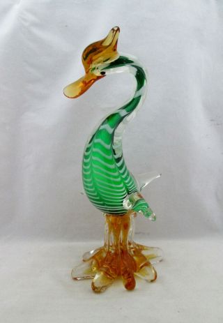 Vintage Murano Large Art Glass Duck,  Green,  Amber Cased Body,  White Feathering