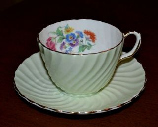 Aynsley England Vintage Teacup And Saucer,  Green Swirl W/ Floral Spray,  Ex