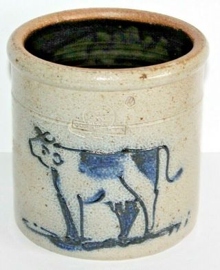 Vintage 1985 Rowe Pottery Crock W/ Blue Cow 6 1/4 " Inches Tall & Wide