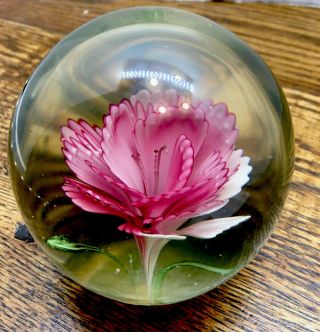 Vintage Art Glass Paperweight Pink Flower Green Leaves