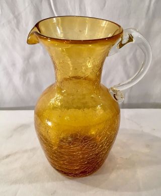 Vintage Mid Century Pilgrim Glass Amber Crackle Blown Glass Pitcher 8” Vase