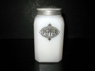 Vintage Hazel Atlas White Milk Glass Pepper Shaker Black Lettering