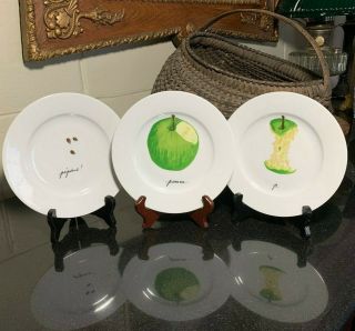 3 Porcelaine De Sologne Green Apple 7 1/4 " Canape Plates Pierrette Saint - Pé