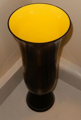 Vtg Czech Bohemian Cased Black Yellow Tango Glass Trumpet Vase 16 "